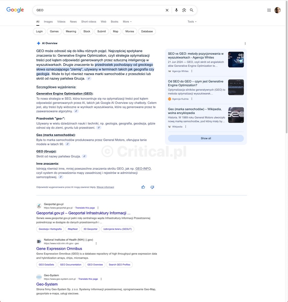 Przykład wyników wyszukiwania Google z AI Overview