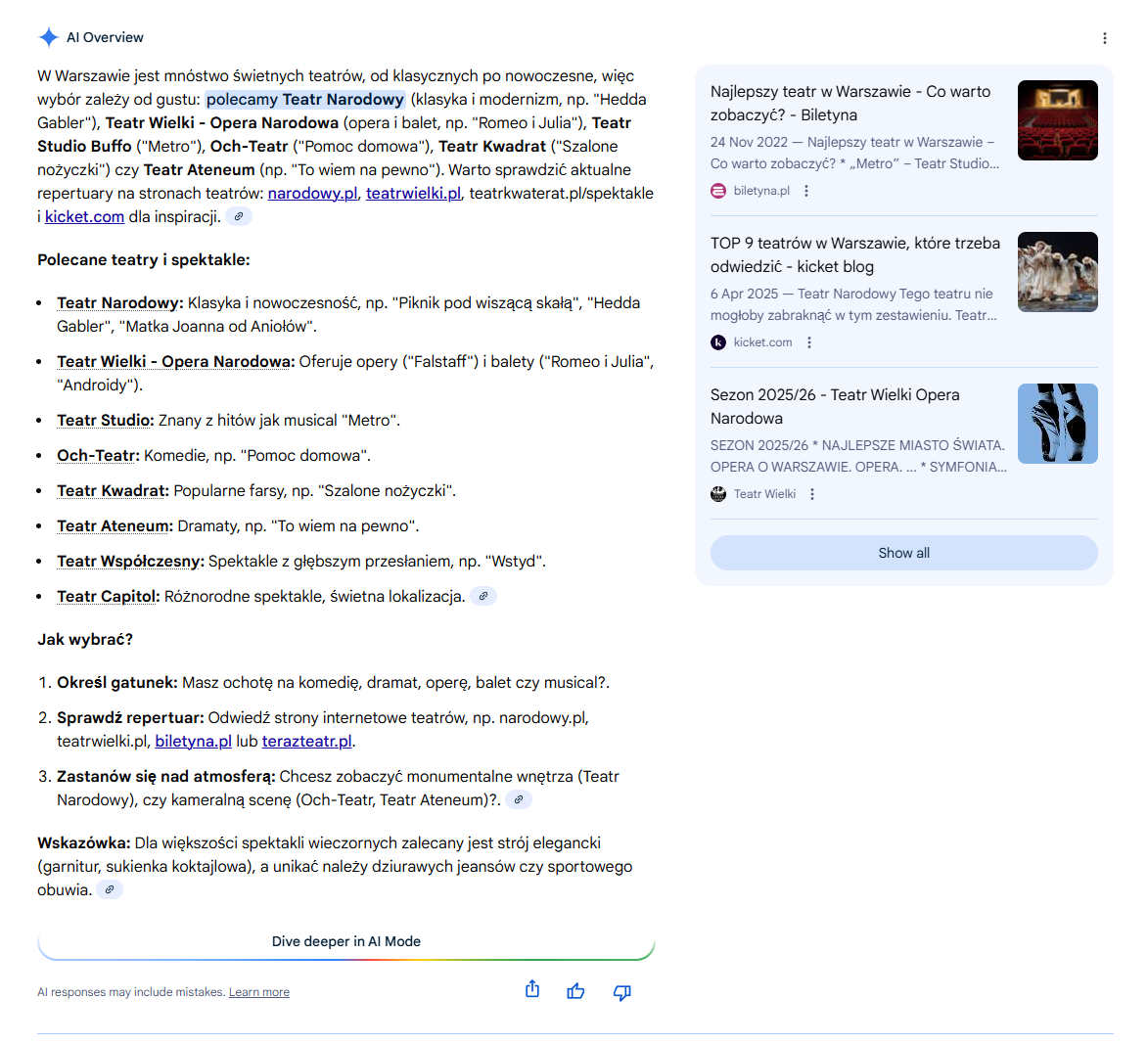 AI overview dla frazy &ldquo;na co pójść do teatru w Warszawie&rdquo;