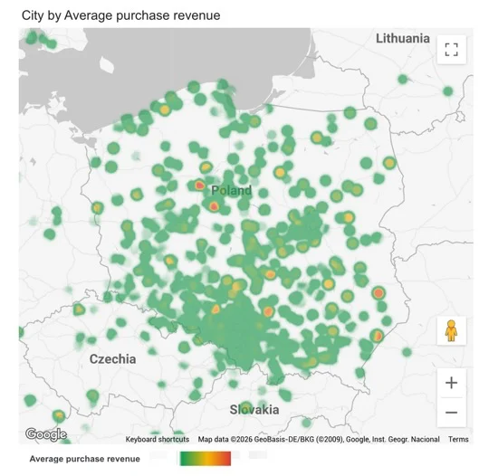 Mapa Polski pokazująca geograficzny rozkład średniej wartości zakupu klientów NOSPR